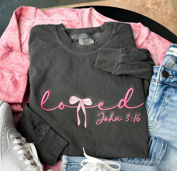 Long Sleeve Embroidered Love with Bow  - John 3:16